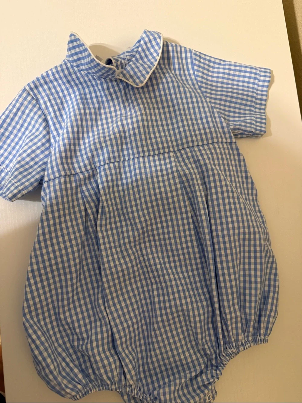 Blue Gingham Baby Bubble Romper with Peter Pan Collar